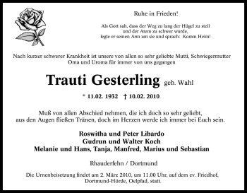Traueranzeige von Trauti Gesterling von Tageszeitung