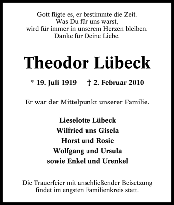 Traueranzeige von Theodor Lübeck von Tageszeitung
