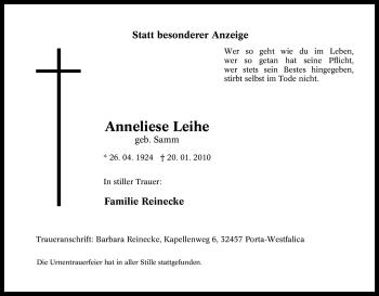 Traueranzeige von Anneliese Leihe von Tageszeitung