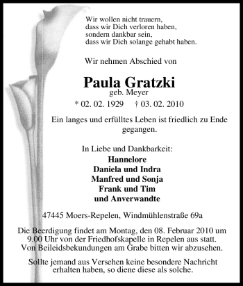 Traueranzeige von Paula Gereatzki von Tageszeitung
