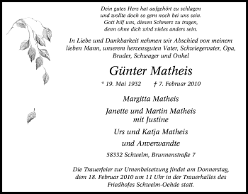 Traueranzeige von Günter Matheis von Tageszeitung