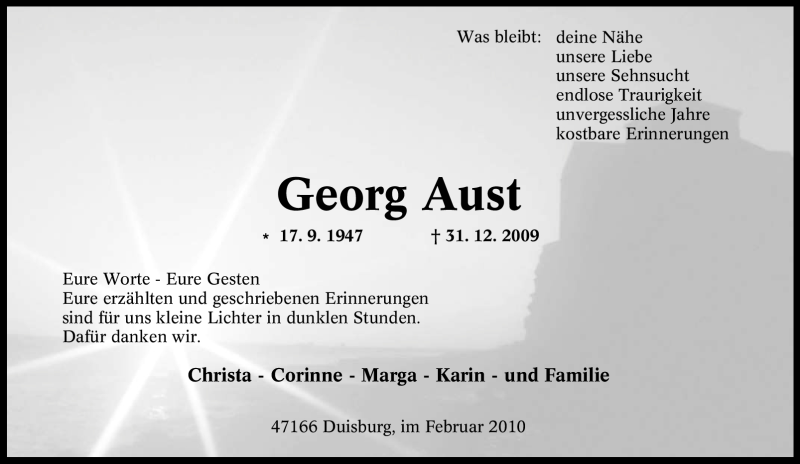  Traueranzeige für Georg Aust vom 13.02.2010 aus Tageszeitung