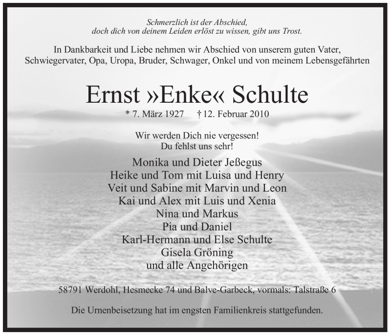  Traueranzeige für Ernst Schulte vom 20.02.2010 aus Tageszeitung