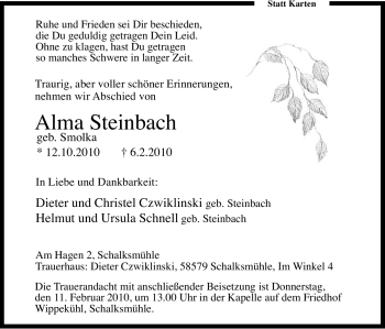 Traueranzeige von Alma Steinbach von Tageszeitung