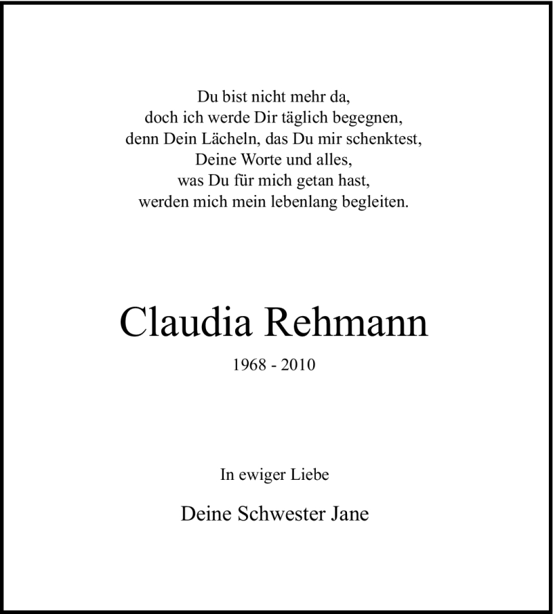  Traueranzeige für Claudia Rehmann vom 06.02.2010 aus Tageszeitung