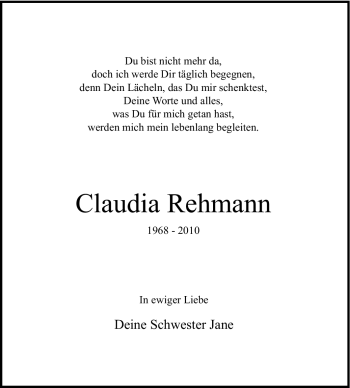 Traueranzeige von Claudia Rehmann von Tageszeitung