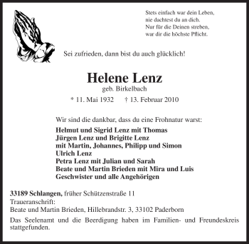 Traueranzeige von Helene Lenz von Tageszeitung