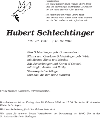 Traueranzeige von Hubert Schlechtinger von Tageszeitung