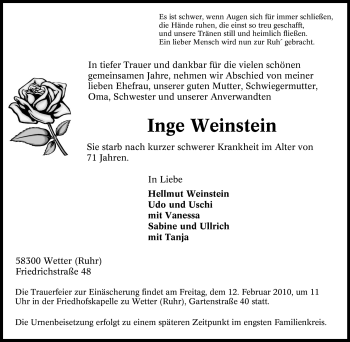 Traueranzeige von Inge Weinstein von Tageszeitung