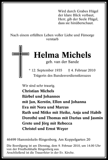 Traueranzeige von Helma Michels von Tageszeitung