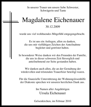 Traueranzeige von Magdalene Eichenauer von Tageszeitung