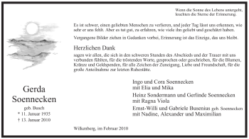Traueranzeige von Gerda Soennecken von Tageszeitung
