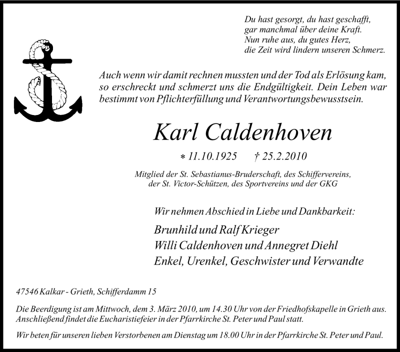  Traueranzeige für Karl Caldenhoven vom 27.02.2010 aus Tageszeitung