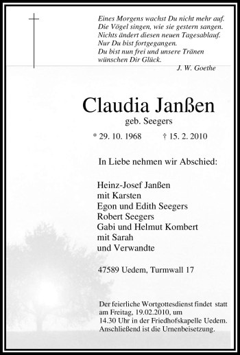 Traueranzeige von Claudia Janßen von Tageszeitung