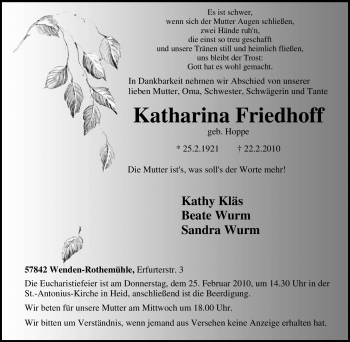 Traueranzeige von Katharina Friedhoff von Tageszeitung