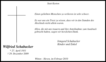 Traueranzeige von Wilfried Schabacker von Tageszeitung