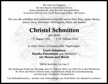 Traueranzeige von Christel Schmitten von Tageszeitung