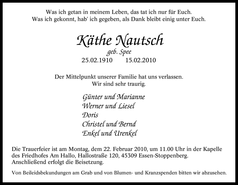  Traueranzeige für Käthe Nautsch vom 18.02.2010 aus Tageszeitung