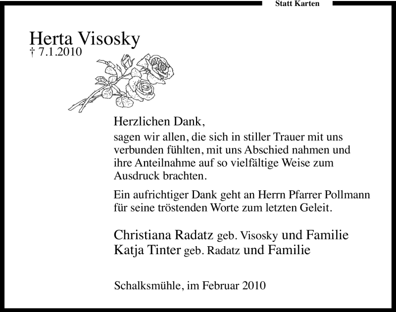  Traueranzeige für Herta Visosky vom 27.02.2010 aus Tageszeitung