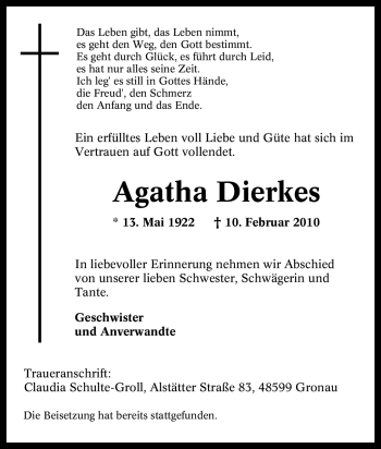 Traueranzeige von Agatha Dierkes von Tageszeitung