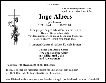 Traueranzeige von Inge Albers von Tageszeitung