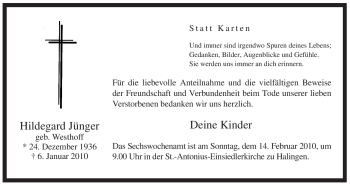 Traueranzeige von Hildegard Jünger von Tageszeitung