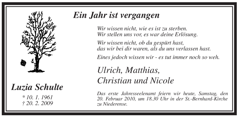  Traueranzeige für Luzia Schulte vom 20.02.2010 aus Tageszeitung