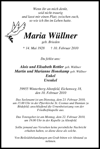 Traueranzeige von Maria Wüllner von Tageszeitung