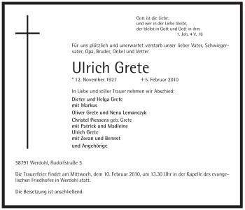Traueranzeige von Ulrich Grete von Tageszeitung