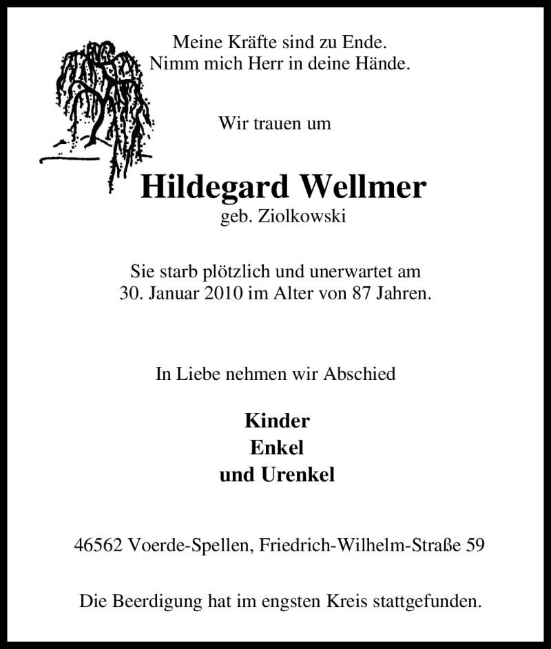  Traueranzeige für Hildegard Wellmer vom 06.02.2010 aus Tageszeitung