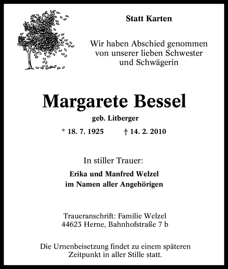  Traueranzeige für Margarete Bessel vom 18.02.2010 aus Tageszeitung