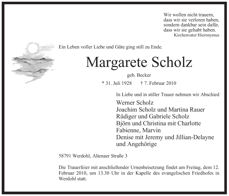  Traueranzeige für Margarete Scholz vom 10.02.2010 aus Tageszeitung