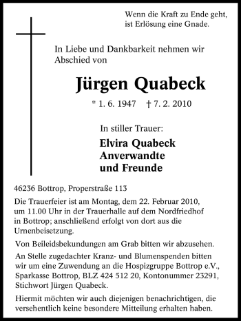 Traueranzeige von Jürgen Quabeck von Tageszeitung