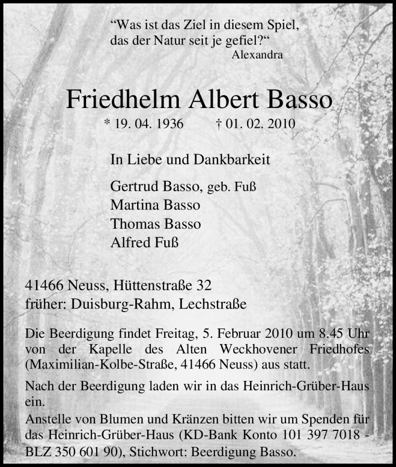  Traueranzeige für Friedhelm Albert Basso vom 03.02.2010 aus Tageszeitung
