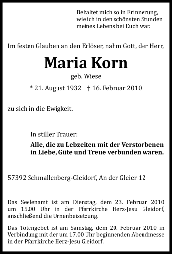 Traueranzeige von Maria Korn von Tageszeitung