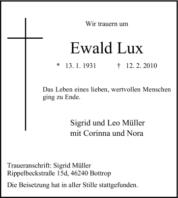 Traueranzeige von Ewald Lux von Tageszeitung