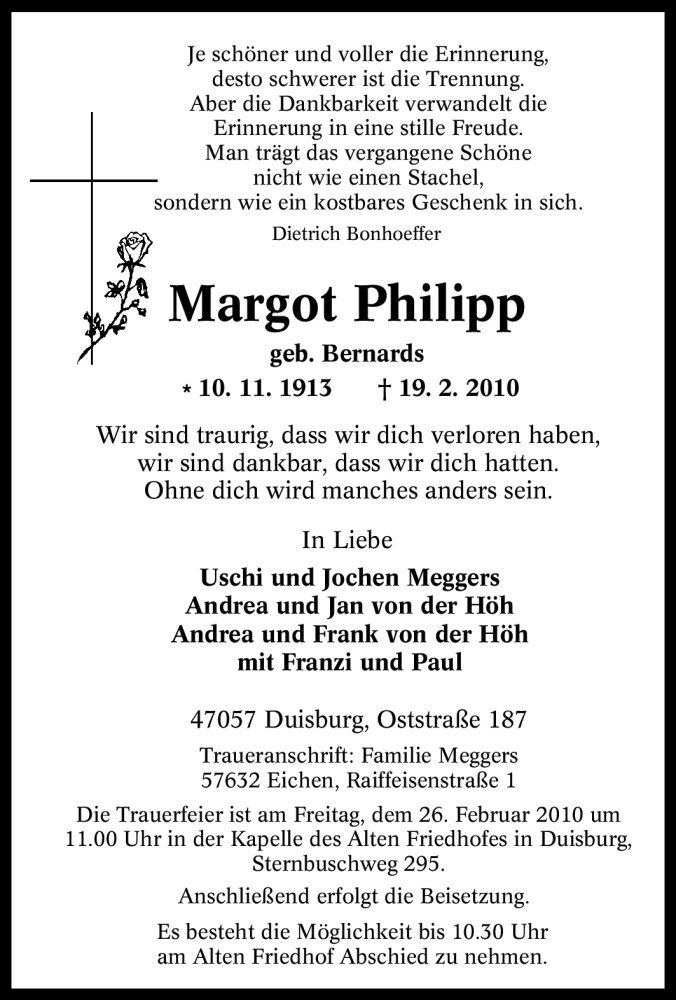  Traueranzeige für Margot Philipp vom 24.02.2010 aus Tageszeitung