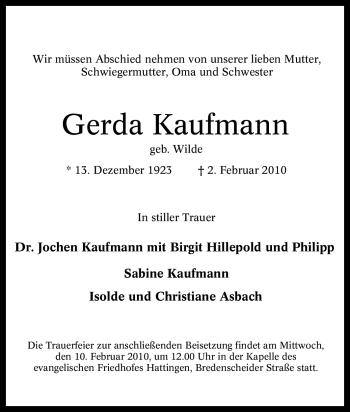 Traueranzeige von Gerda Kaufmann von Tageszeitung