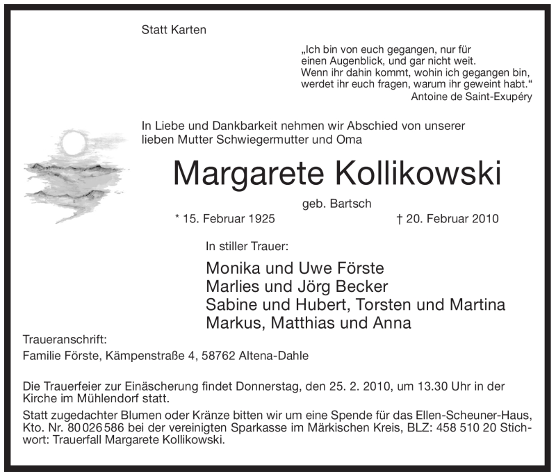 Traueranzeige für Margarete Kollikowski vom 23.02.2010 aus Tageszeitung