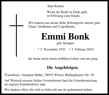 Traueranzeige von Emmi Bonk von Tageszeitung