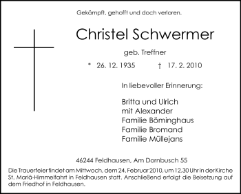 Traueranzeige von Christel Schwermer von Tageszeitung