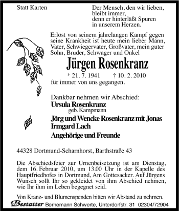 Traueranzeige von Jürgen Rosenkranz von Tageszeitung
