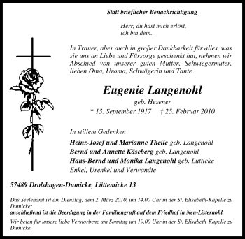 Traueranzeige von Eugenie Langenohl von Tageszeitung