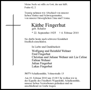 Traueranzeige von Käthe Fingerhut von Tageszeitung