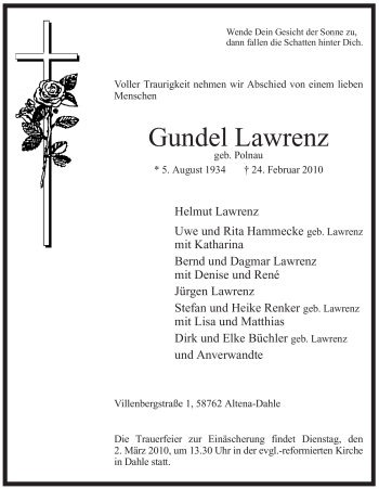Traueranzeige von Gundel Lawrenz von Tageszeitung