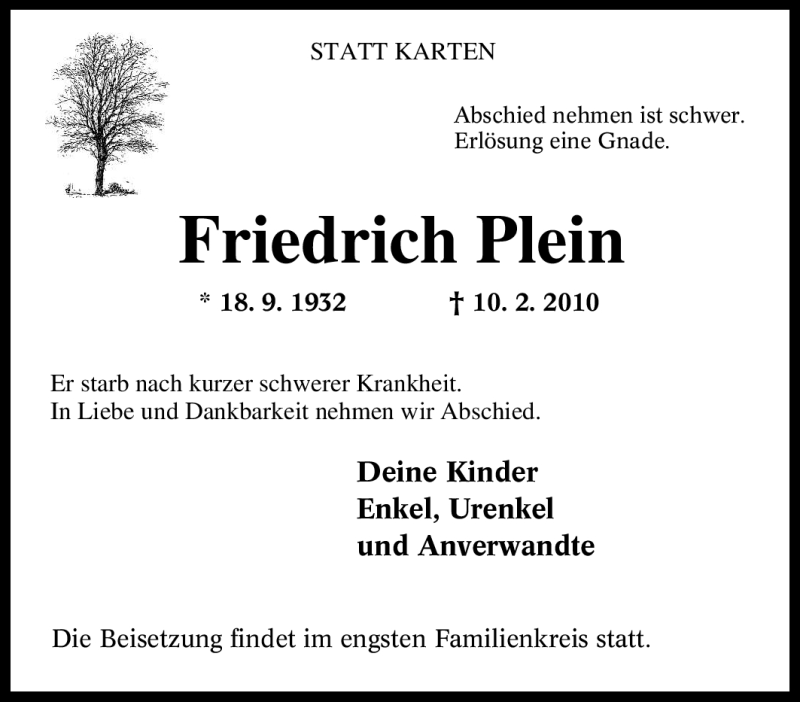  Traueranzeige für Friedrich Plein vom 13.02.2010 aus Tageszeitung