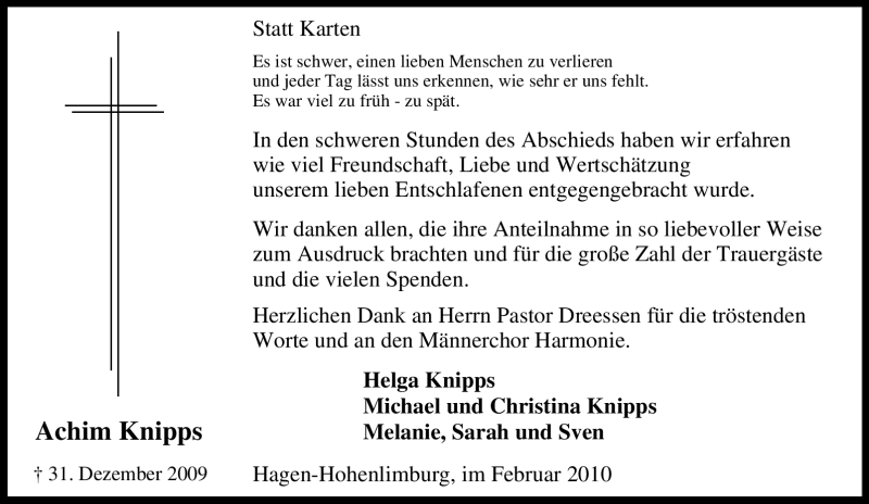  Traueranzeige für Achim Knipps vom 18.02.2010 aus Tageszeitung