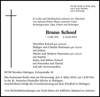 Traueranzeige von Bruno Schoof von Tageszeitung