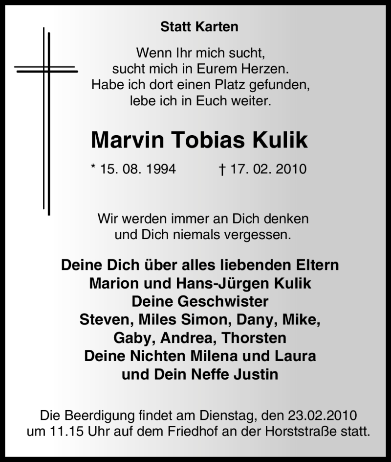  Traueranzeige für Marvin Tobias Kulik vom 20.02.2010 aus Tageszeitung