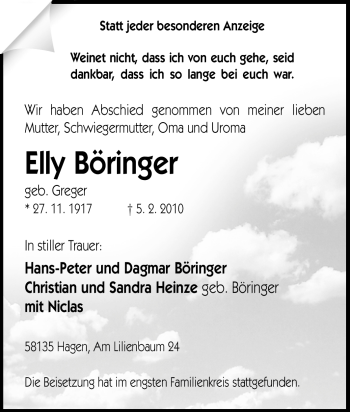 Traueranzeige von Elly Böringer von Tageszeitung